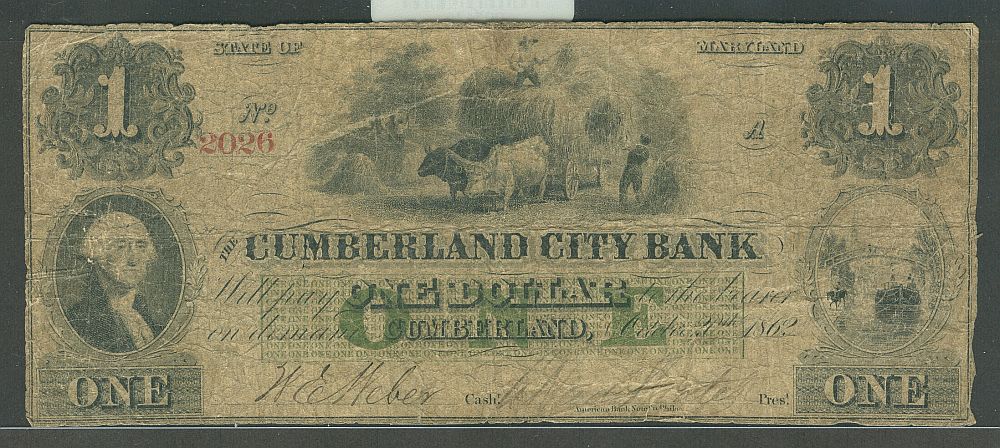 Cumberland, MD, Cumberland City Bank, 1862 $1, VG